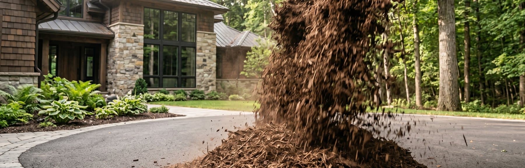 Lavin Companies truck delivering bulk mulch onto a residential driveway